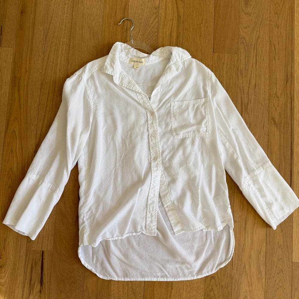 Anthropologie Cloth & Stone Button Shirt Womens M White Tencel High Low Relaxed